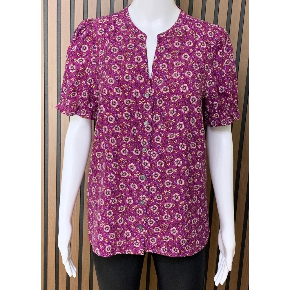 J.Crew  Women's Purple Floral Button Front Blouse Short Puff Sleeve Top S